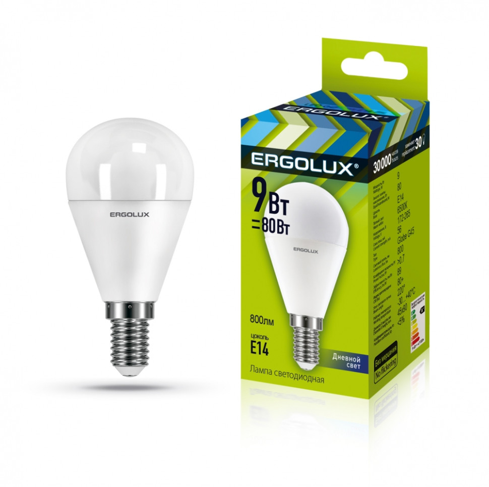 Светодиодная лампа E14 9W 6500K (холодный) Ergolux LED-G45-9W-E14-6K (13175)