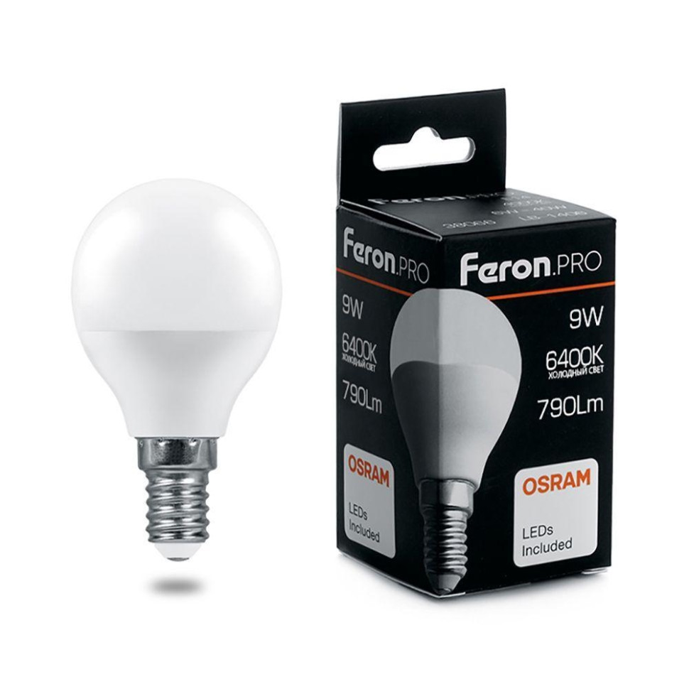Светодиодная лампа E14 9W 6400K (холодный) G45 Feron LB-1409 (38079)
