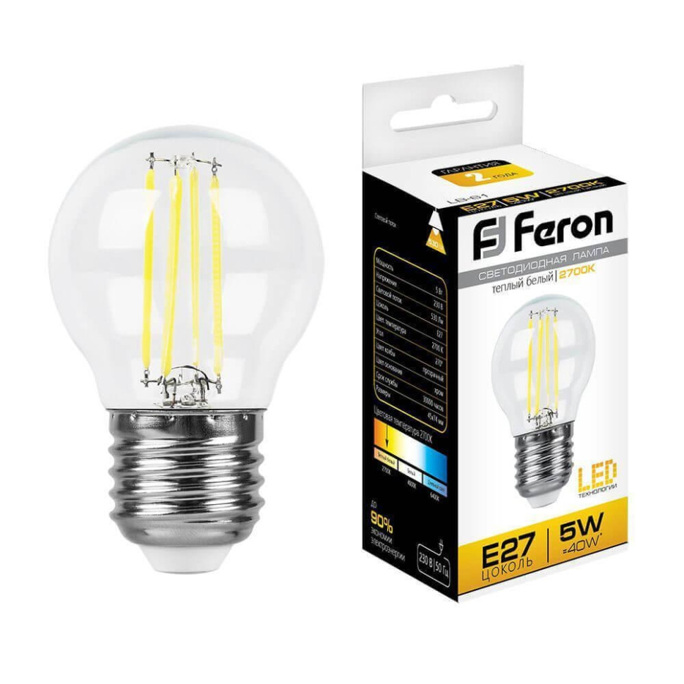 Светодиодная лампа E27 5W 2700K (теплый) G45 Feron LB-61 (25581)
