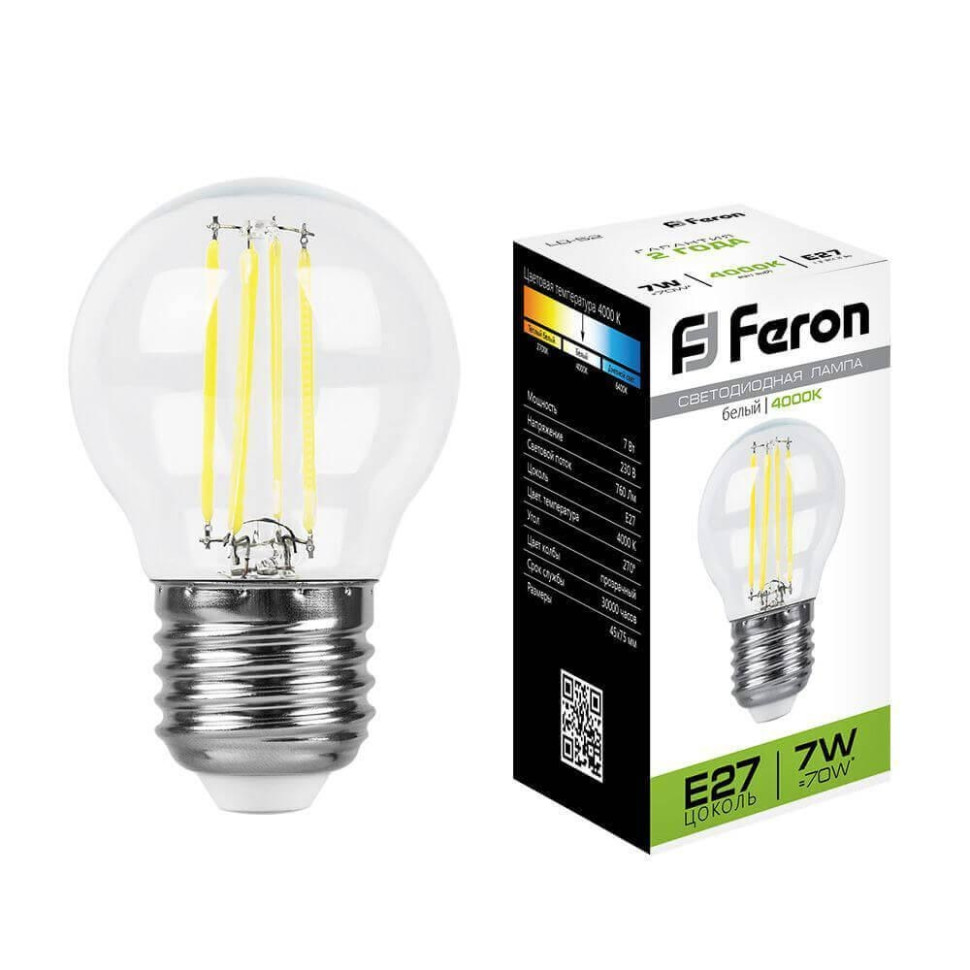 Светодиодная лампа E27 7W 4000K (белый) G45 Feron LB-52 (25877)