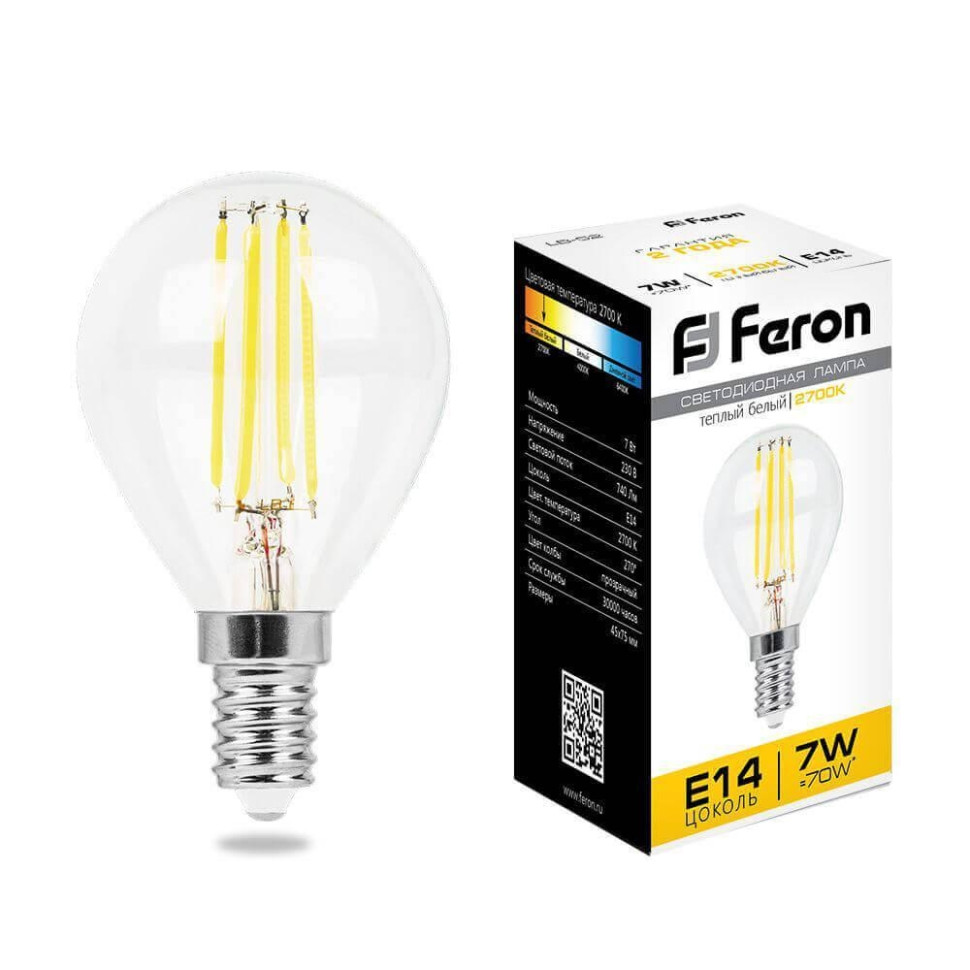 Светодиодная лампа E14 7W 2700K (теплый) G45 Feron LB-52 (25874)
