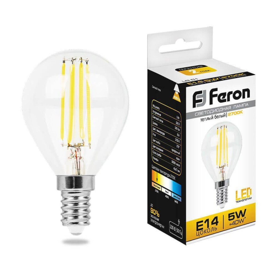 Светодиодная лампа E14 5W 2700K (теплый) G45 Feron LB-61 (25578)