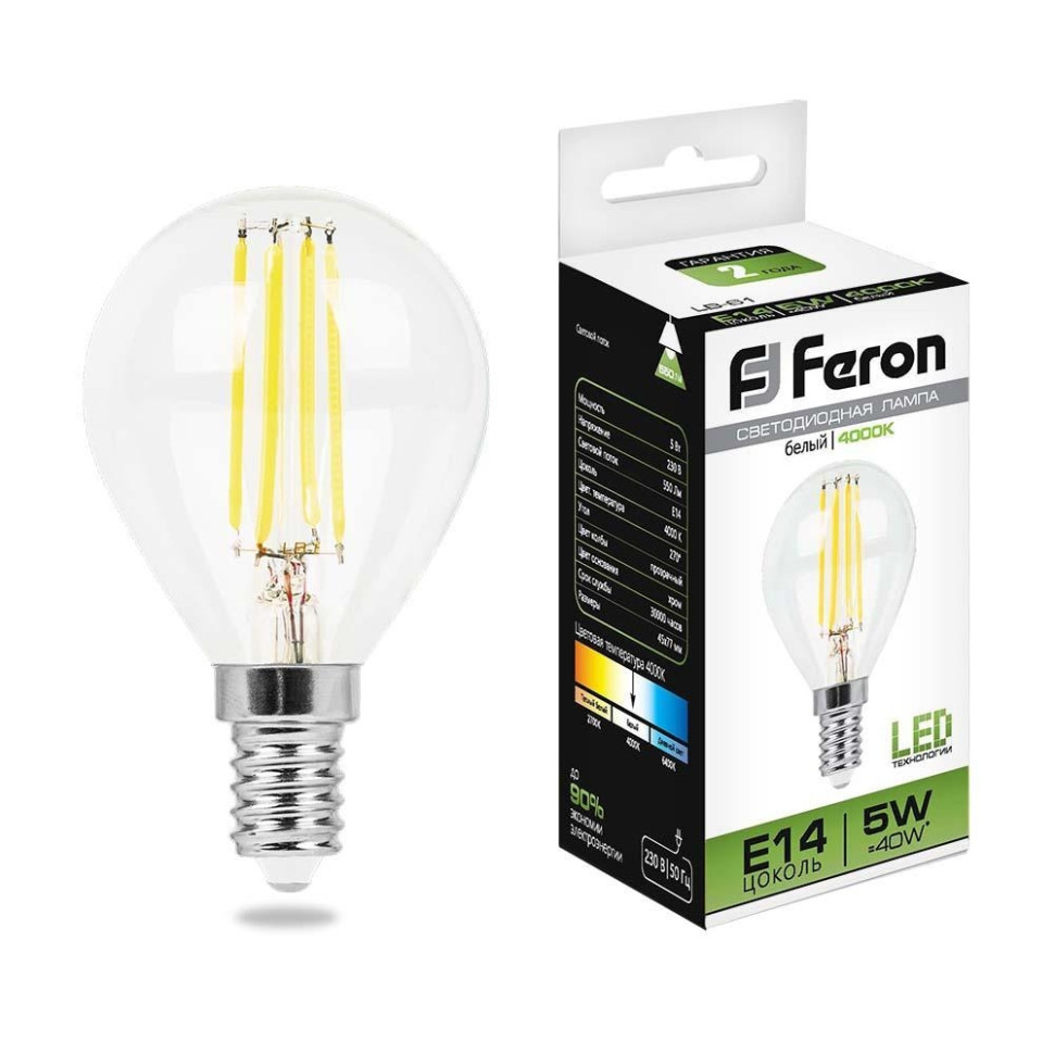 Светодиодная лампа E14 5W 4000K (белый) G45 Feron LB-61 (25579)