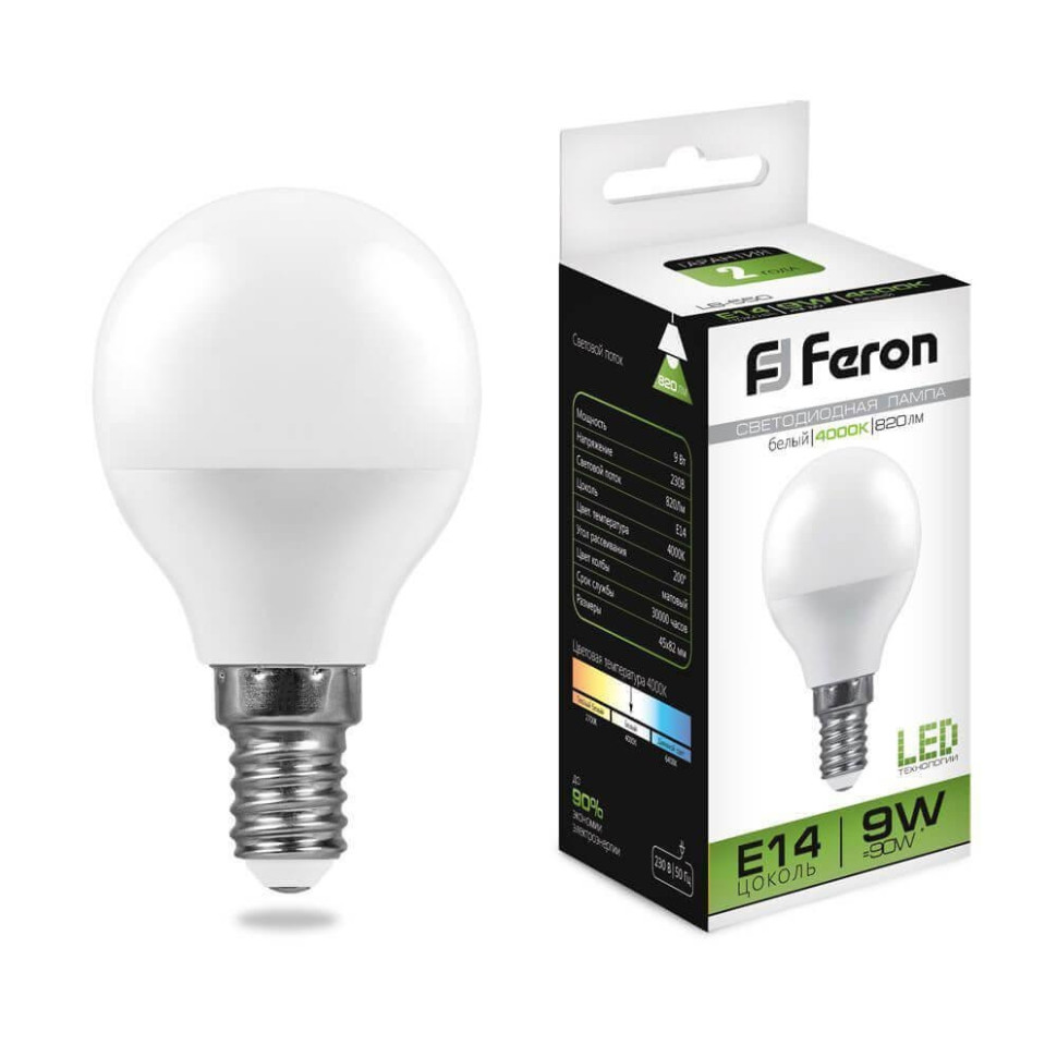 Светодиодная лампа E14 9W 4000K (белый) G45 Feron LB-550 (25802)