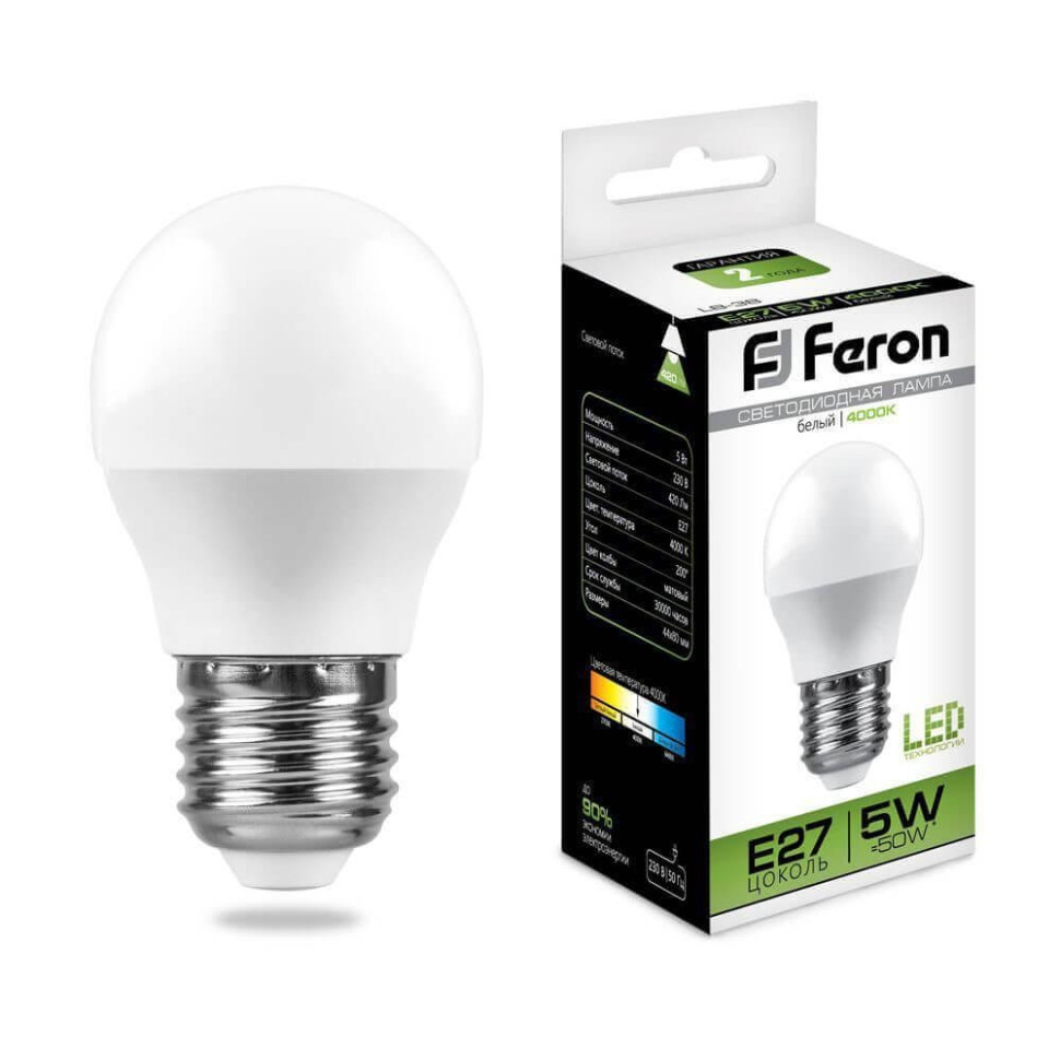 Светодиодная лампа E27 5W 4000K (белый) G45 Feron LB-38 (25405)