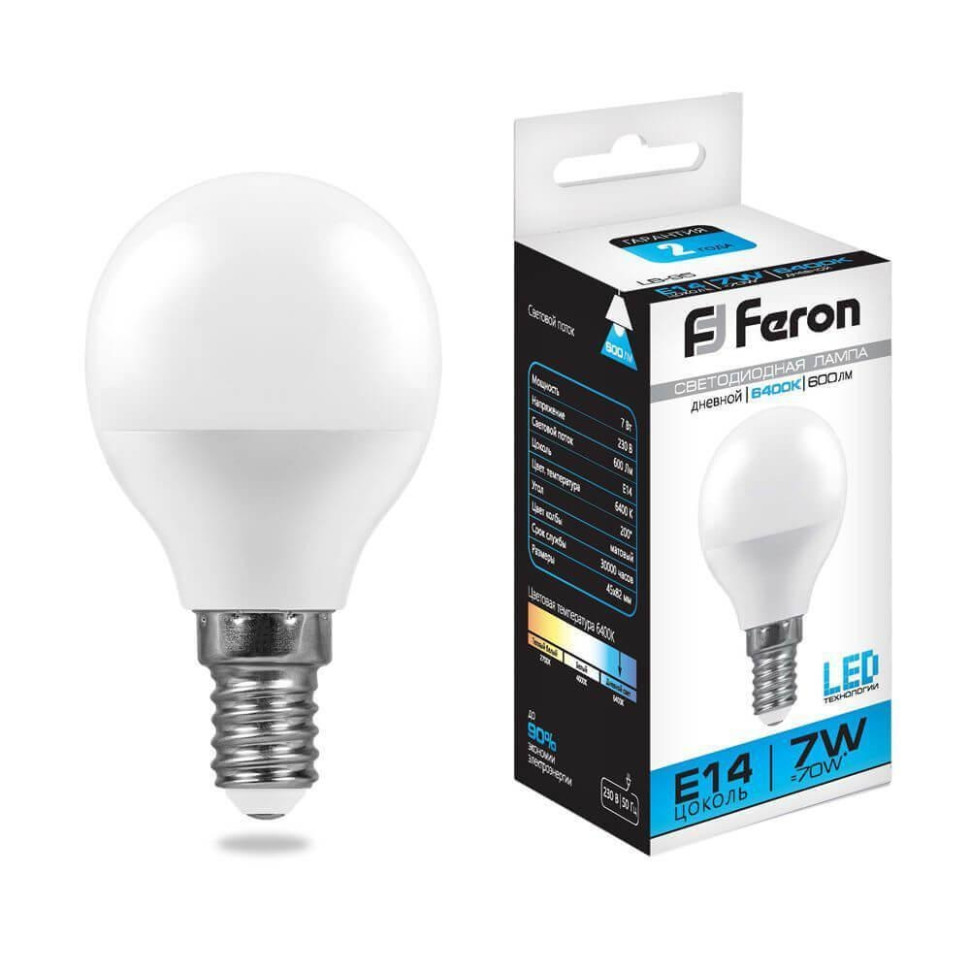 Светодиодная лампа E14 7W 6400K (холодный) G45 Feron LB-95 (25480)