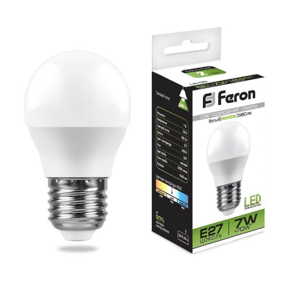 Светодиодная лампа E27 7W 4000K (белый) G45 Feron LB-95 (25482)