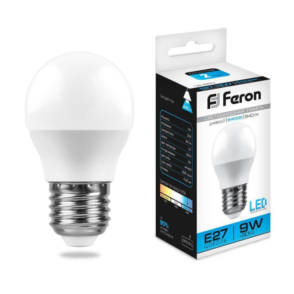 Светодиодная лампа E27 9W 6400K (холодный) G45 Feron LB-550 (25806)