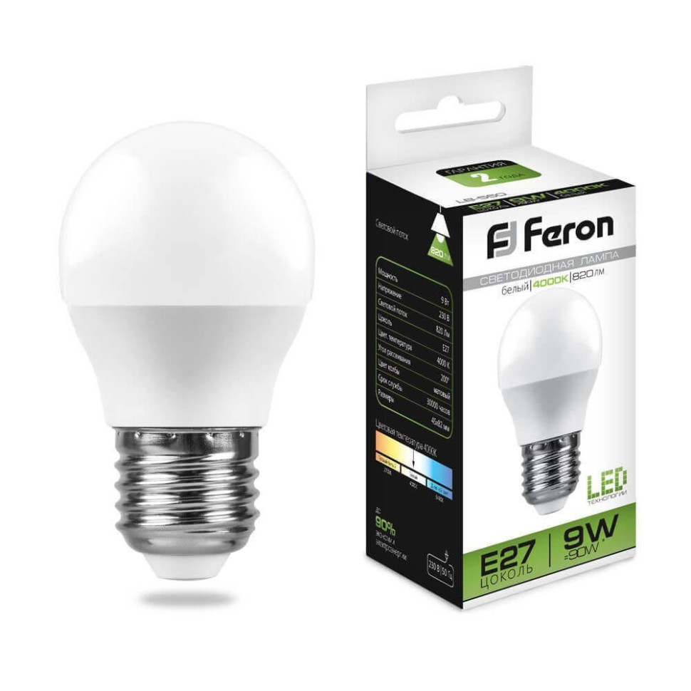 Светодиодная лампа E27 9W 4000K (белый) G45 Feron LB-550 (25805)