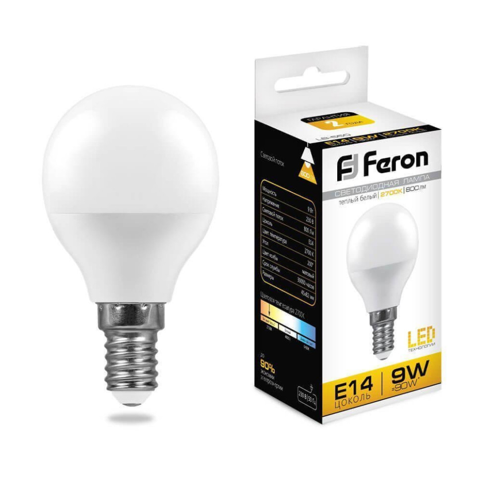 Светодиодная лампа E14 9W 2700K (теплый) G45 Feron LB-550 (25801)
