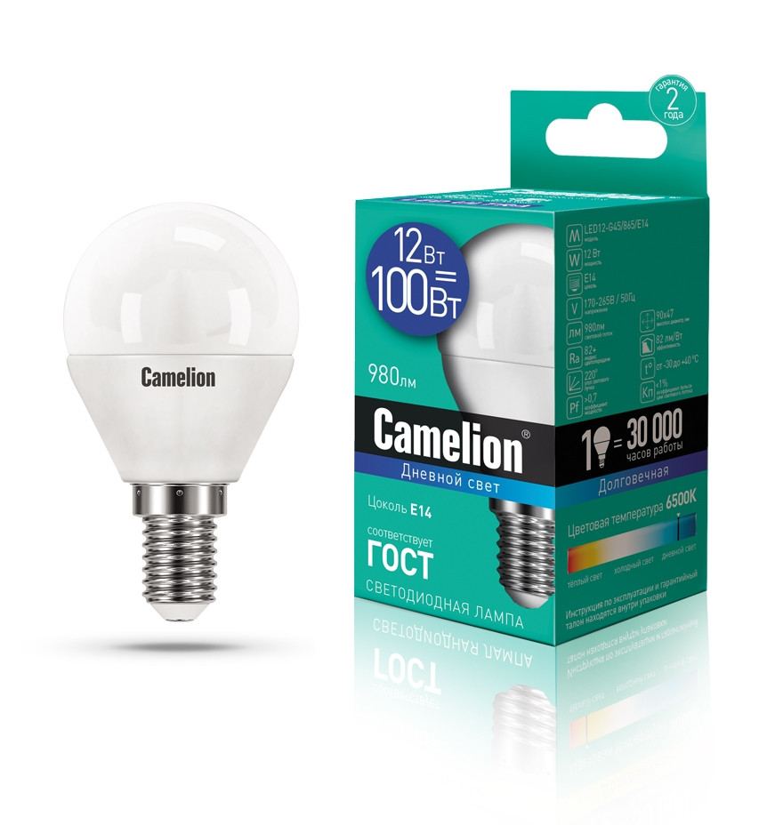 Светодиодная лампа E14 12W 6500К (холодный) G45 Camelion LED12-G45/865/E14 (13697)