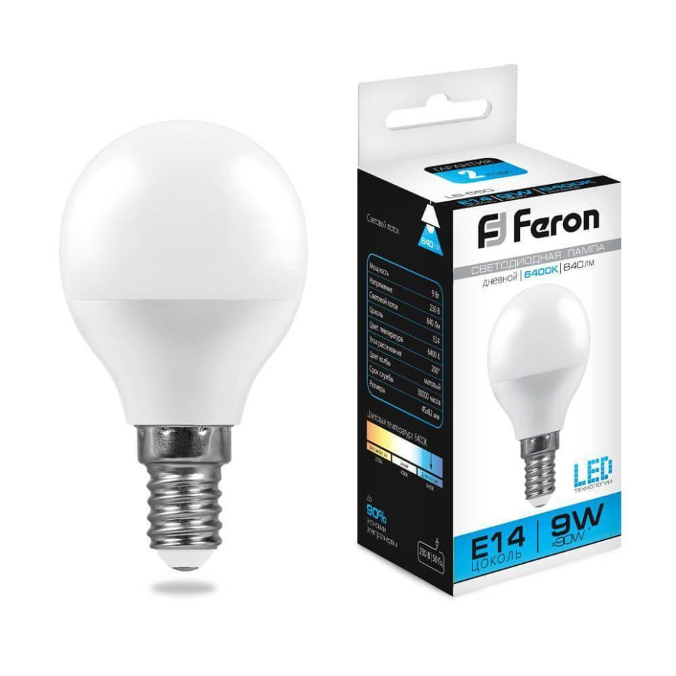 Светодиодная лампа E14 9W 6400K (холодный) G45 Feron LB-550 (25803)