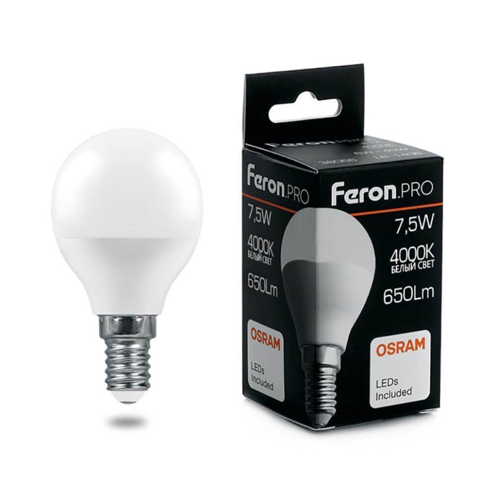 Светодиодная лампа E14 7.5W 4000K (белый) G45 Feron LB-1407 (38072)