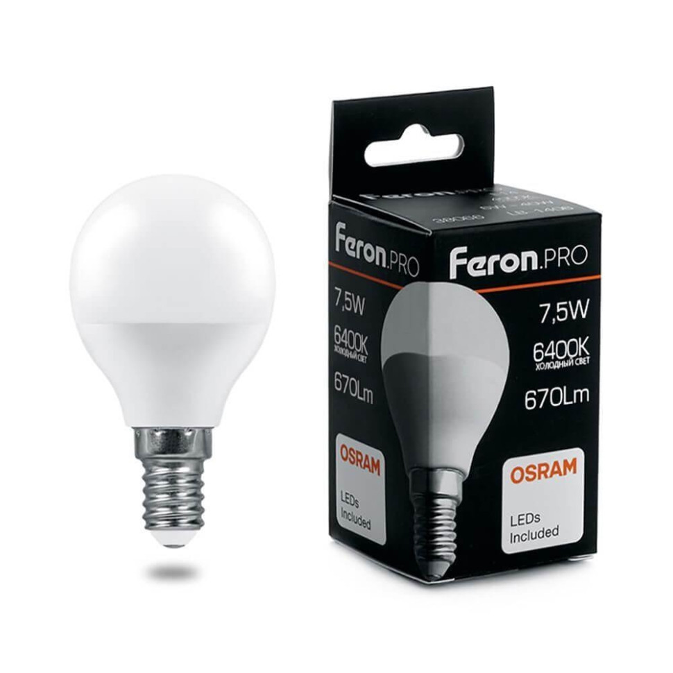Светодиодная лампа E14 7.5W 6400K (холодный) G45 Feron LB-1407 (38073)