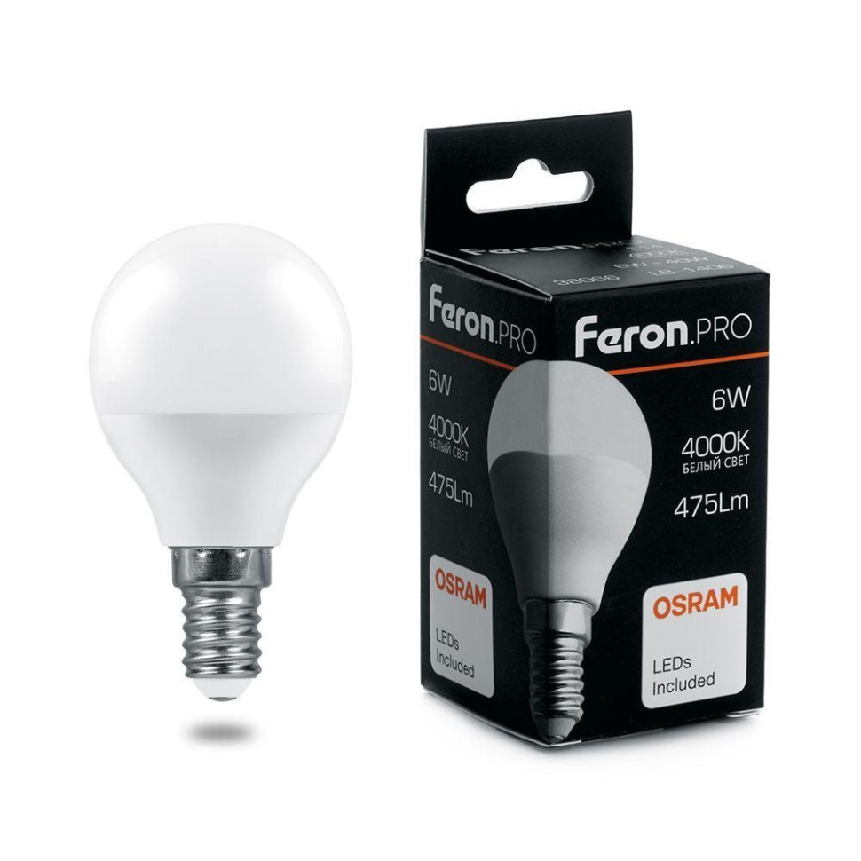 Светодиодная лампа E14 6W 4000K (белый) G45 Feron LB-1406 (38066)